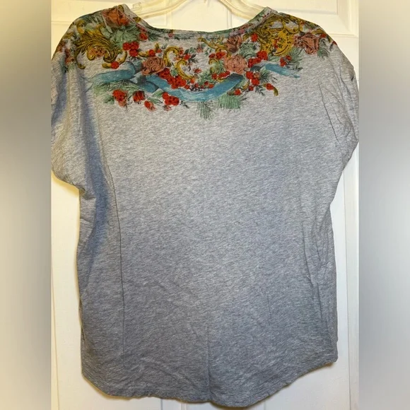 Anthropologie Postage Stamp Gray Floral V Neck Jersey T Shirt Large Bohemian - Picture 5 of 9